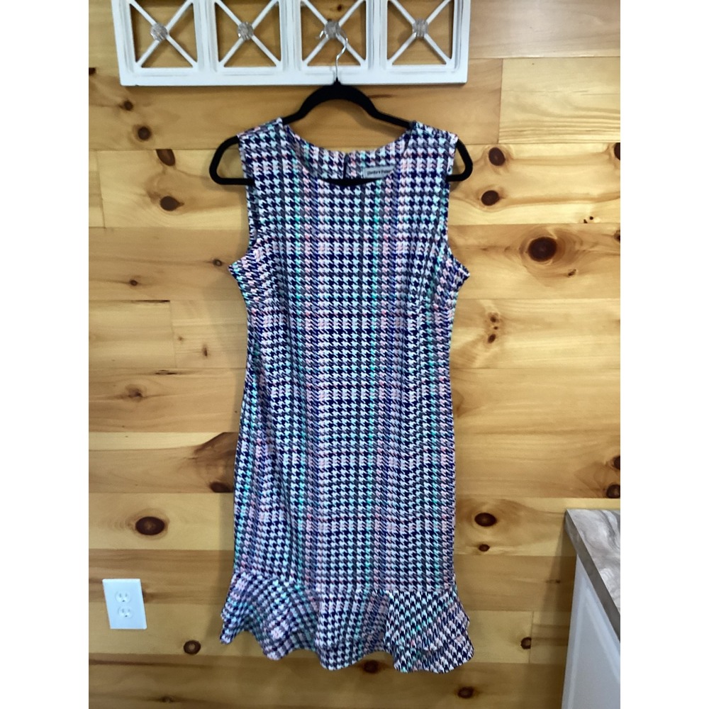 Shelby & Palmer Womens 12 Houndstooth Sleeveless Ruffle Hem Sheath Dress Multi